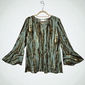 Belle by Kim Gravel Top Women's Large Blue Brown Abstract Print Flared Sleeve